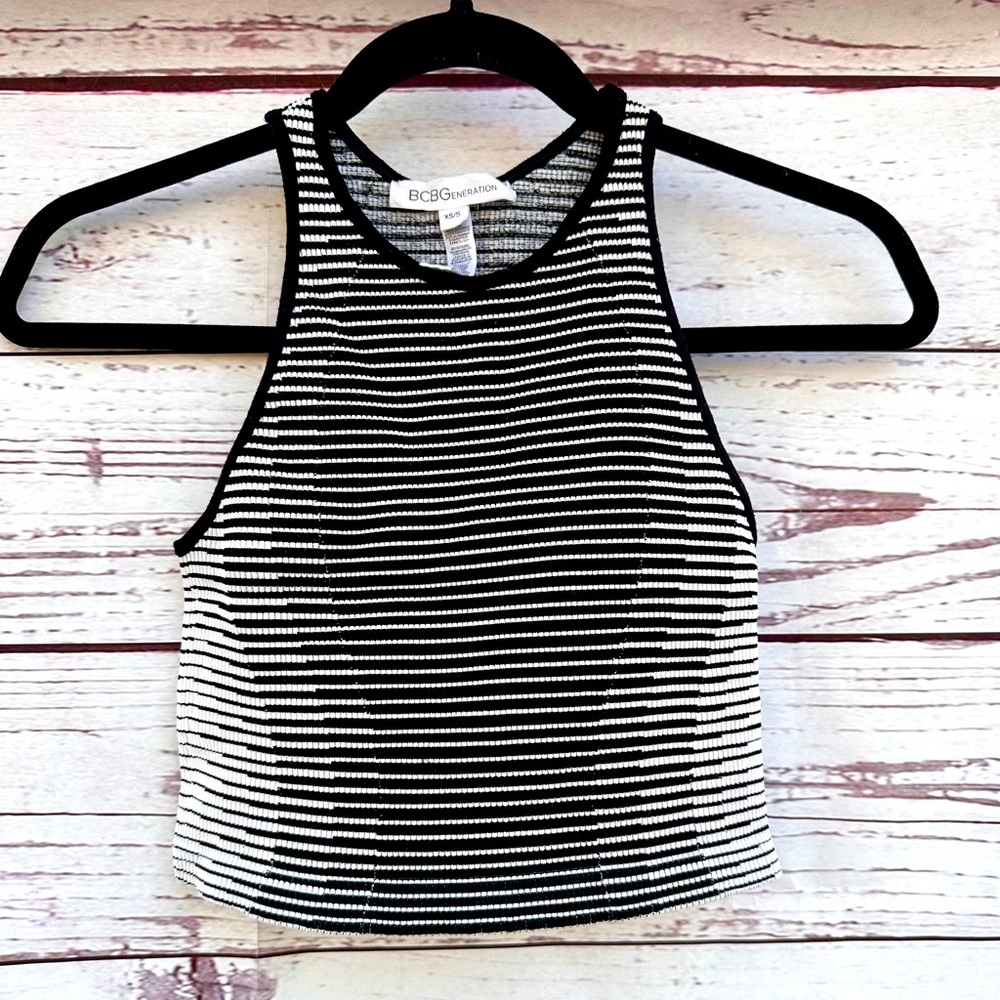 BCBG Black & White Striped Crop Tank Top